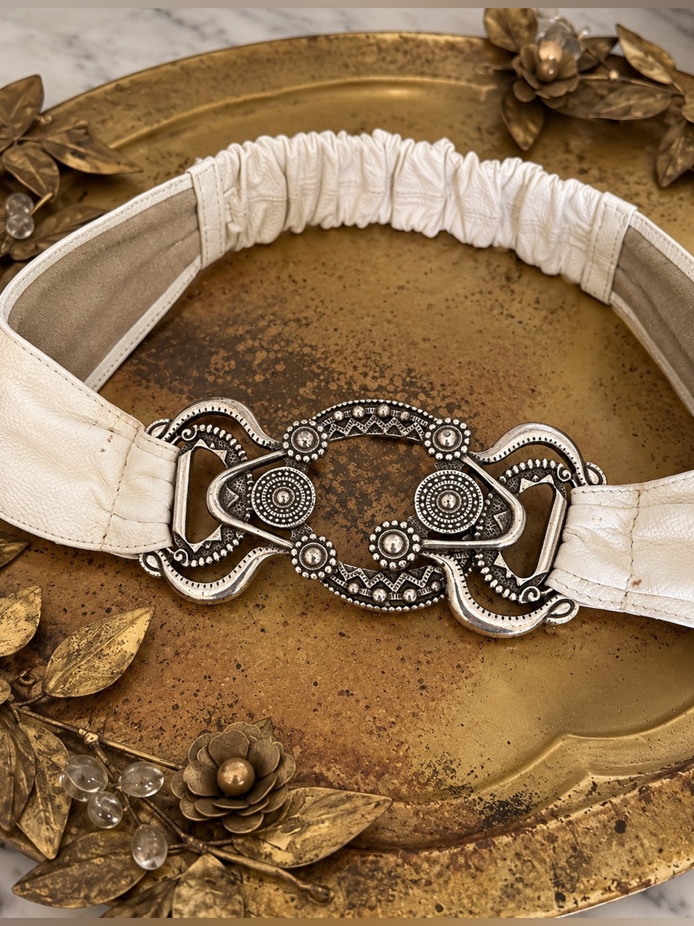 Vintage Chico’s White Statement Belt Silver-Tone Ornate Hardware 38.5”